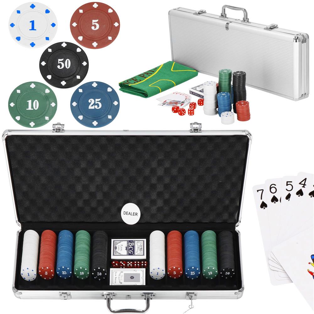 Set de Poker Complex cu 500 de jetoane, covoras verde, 2 seturi de carti, 5 zaruri, in servieta aluminiu