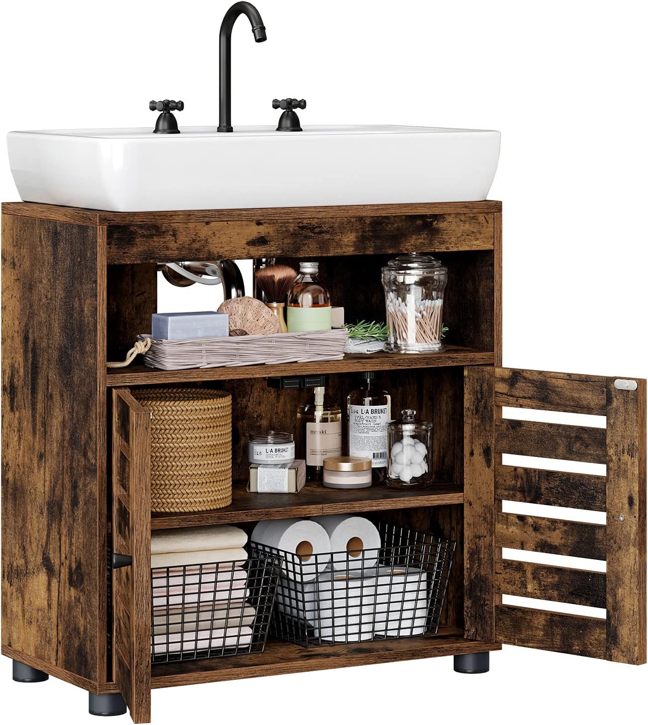 VASAGLE Dulap baie baza lavoar, cu 2 usi, 2 rafturi, 60x30x60 cm, maro rustic