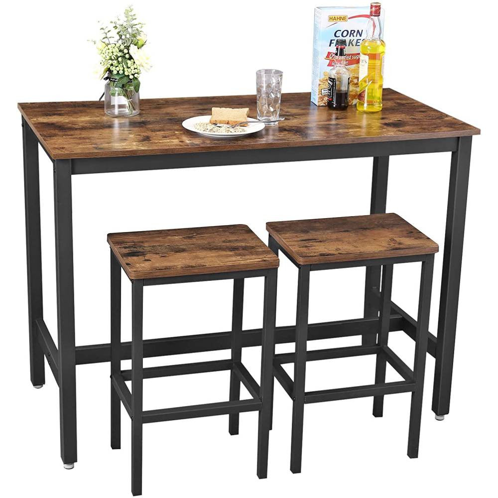 VASAGLE Set masa de bar cu 2 scaune, cadru din otel, blat lemn, design industrial, 100x40x90cm, maro rustic si negru