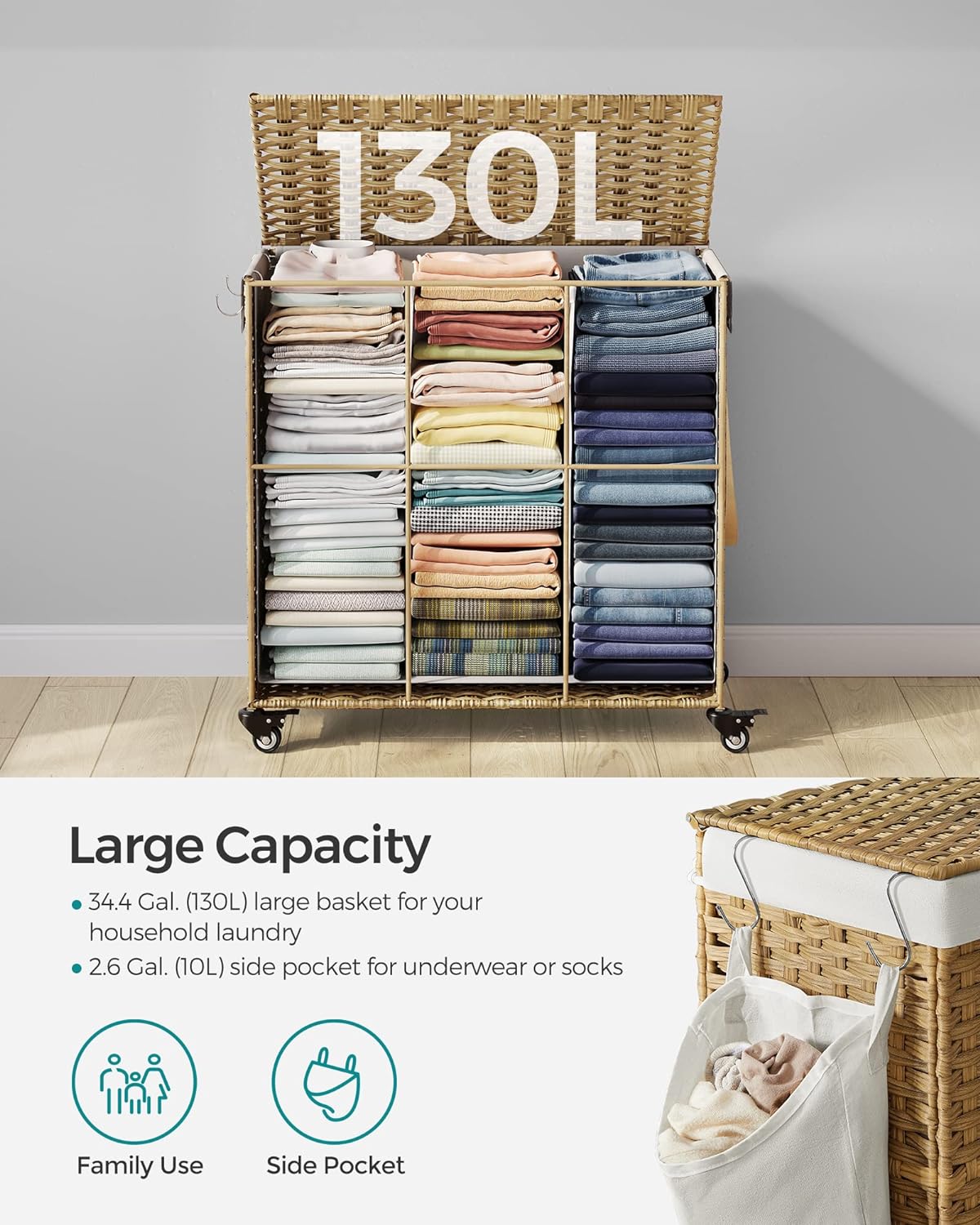 SONGMICS Cos de rufe tesut manual, cu captuseala detasabila lavabila, 3 compartimente, stil ratan, 140 litri, 66x33x60 cm, maro