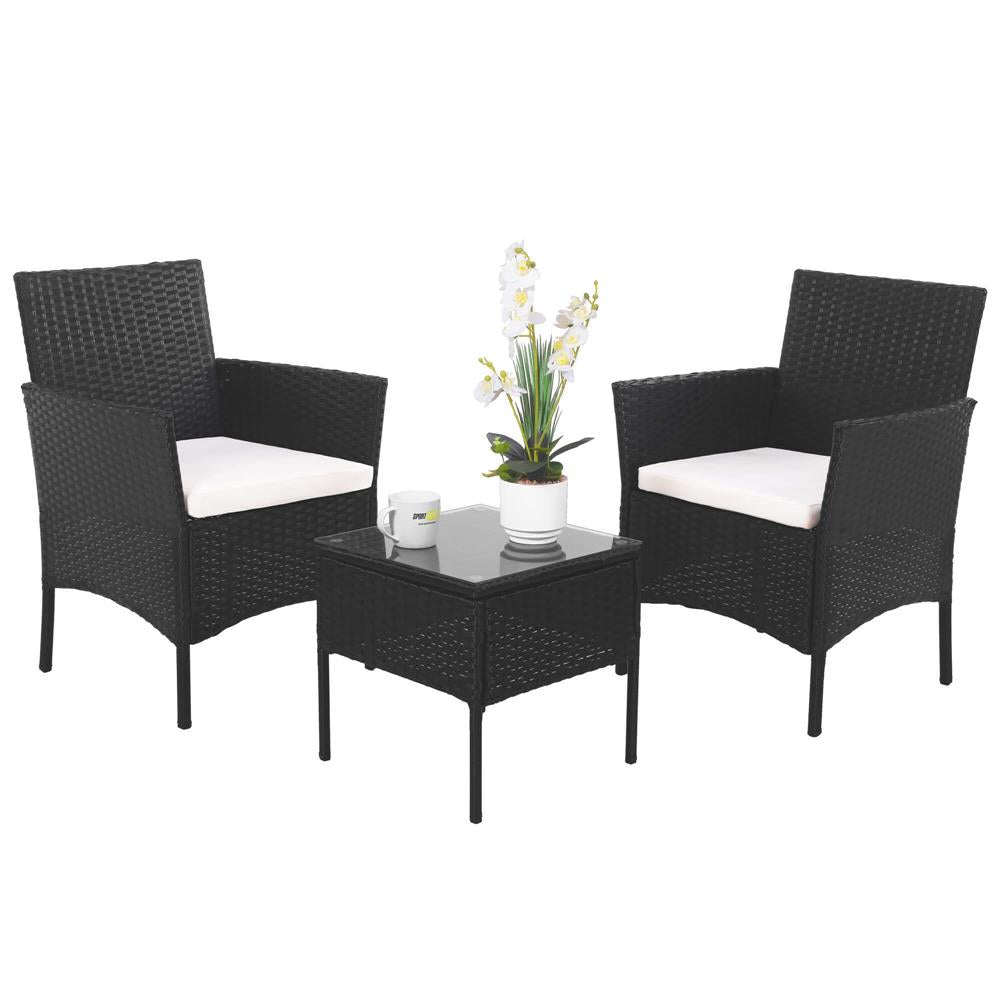 Set mobilier terasa, din tehnorattan, masa cu blat sticla securizata, 2 fotolii cu perne, negru