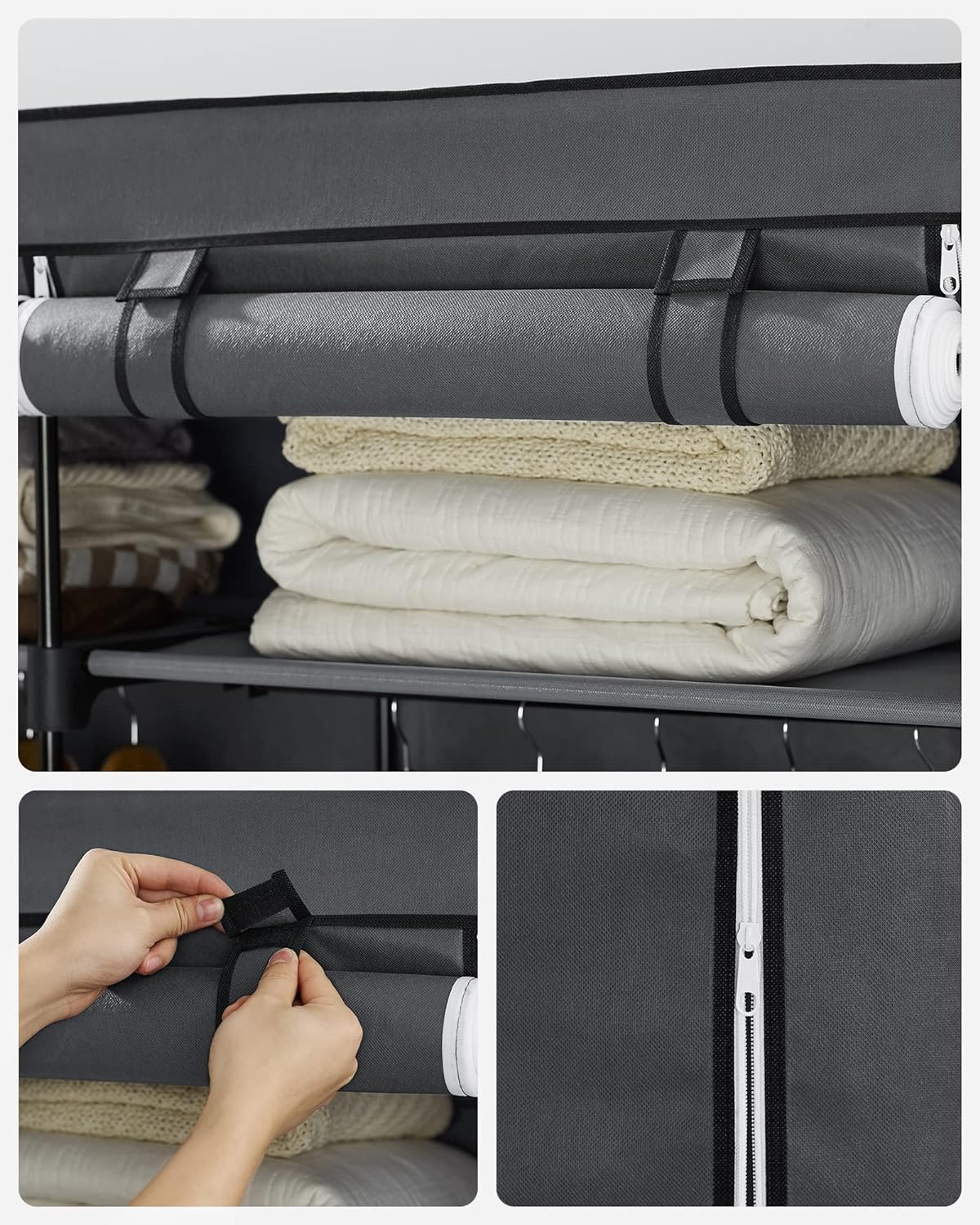 SONGMICS Garderoba pentru depozitarea hainelor, din material textil, cu 2 bare pentru umerase, 43x140x174cm, gri