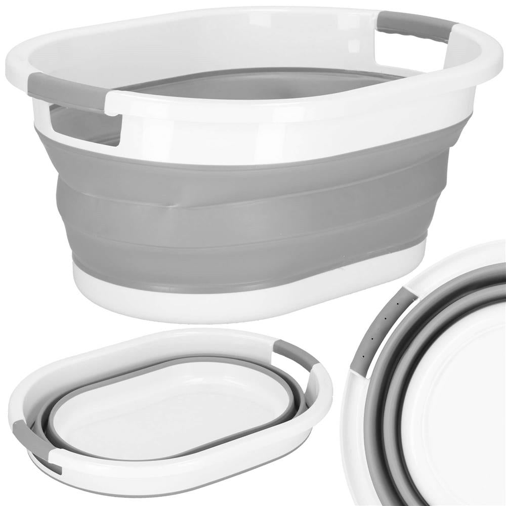 Cos de rufe pliabil tip lighean, cu manere, din plastic si silicon, 62x44x28cm, 39litri, gri