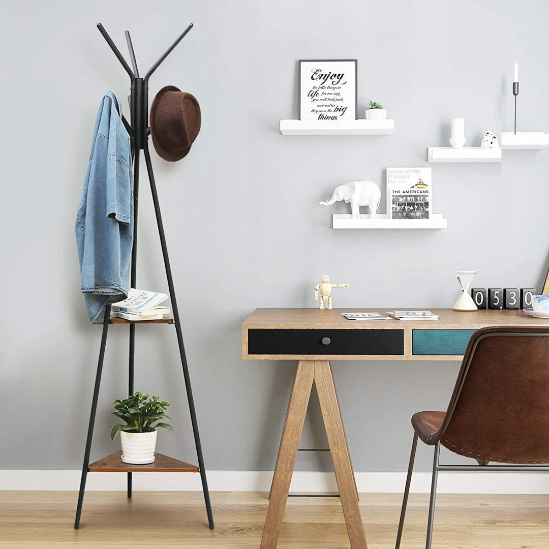 VASAGLE Cuier metalic, cu ​​2 rafturi MDF, inaltime 179cm, stil industrial, maro rustic si negru