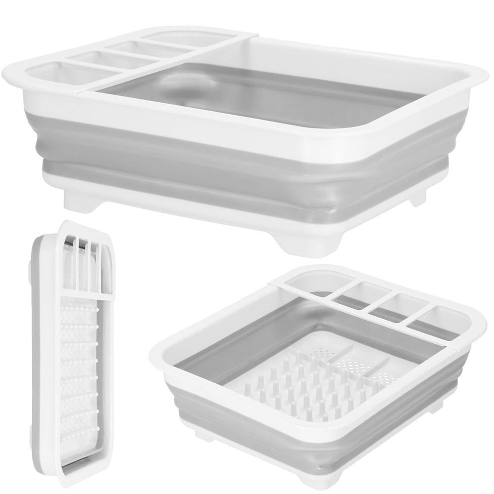 Uscator de vase pliabil, din pastic si silicon, 36x31x12cm, suport tacamuri, alb si gri