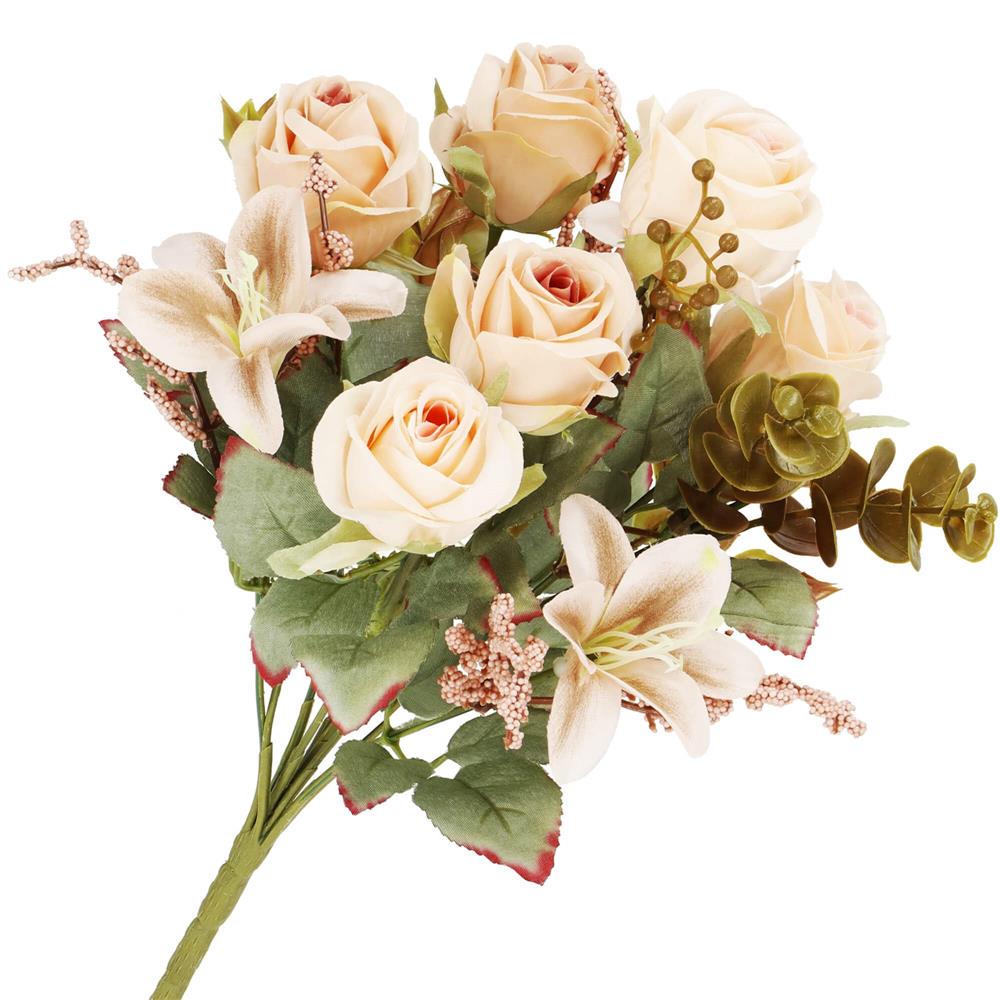 Buchet de flori artificiale din poliester, 10 fire trandafiri si crini, 37cm, crem