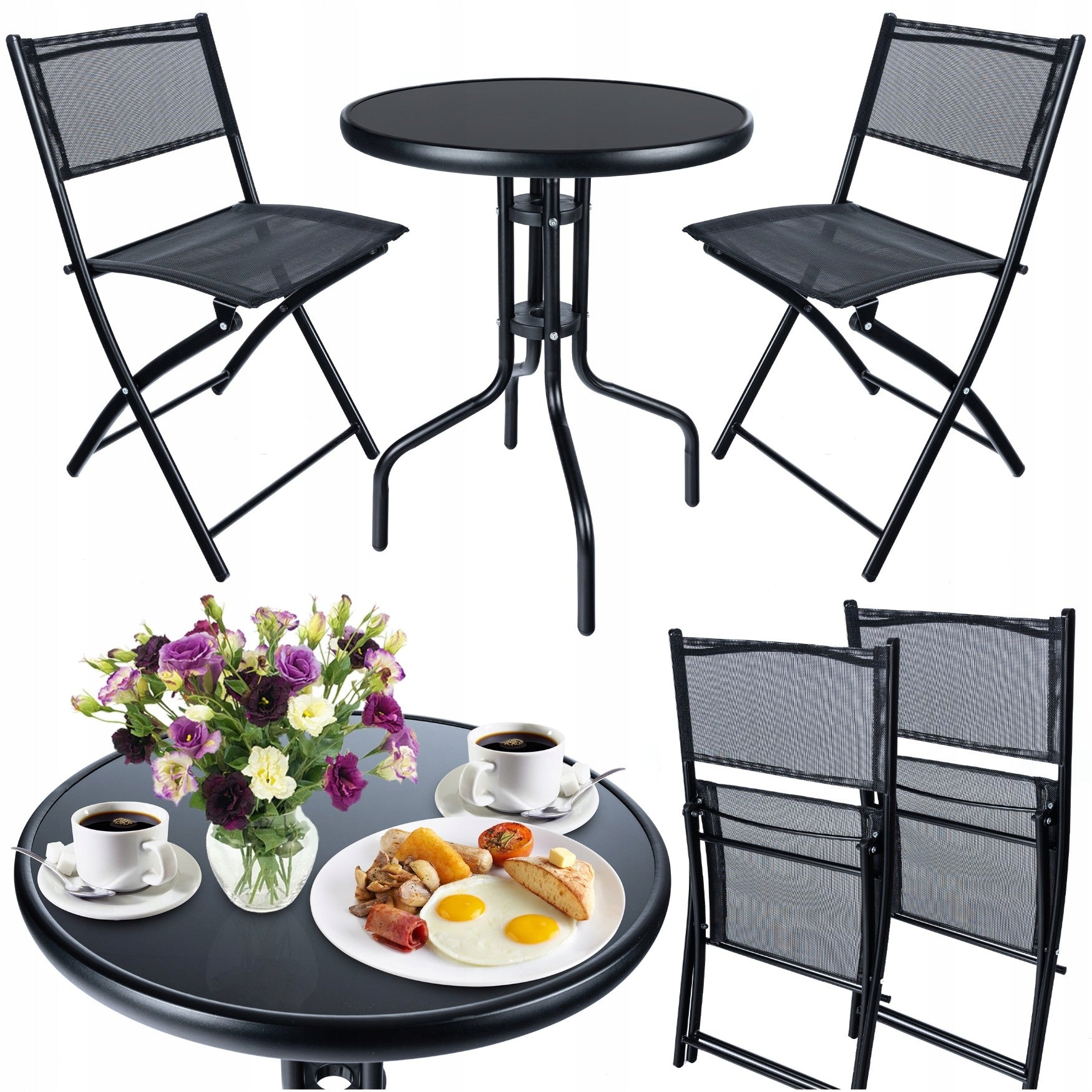Set mobilier gradina Oneiro, 2 scaune pliabile, 1 masa, negru