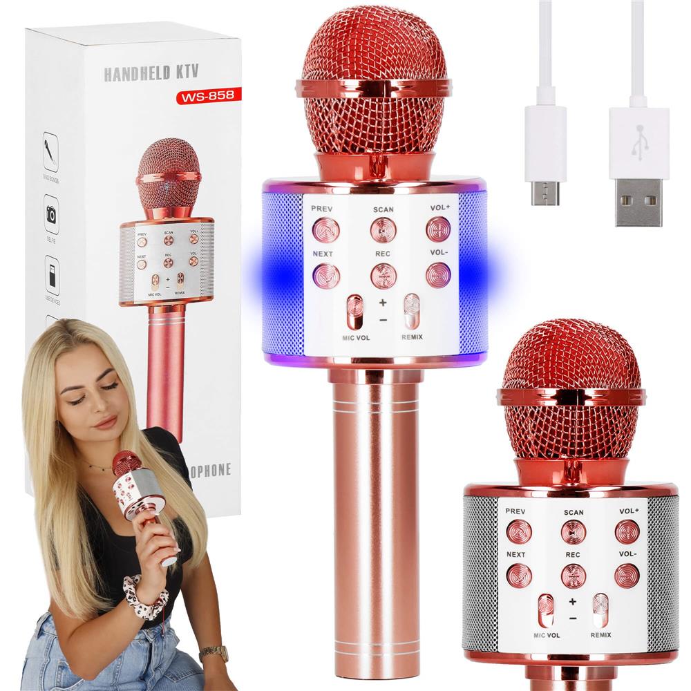 Microfon karaoke copii, wireless, cu acumulator, compatibil iOS si Android, functie de schimbare a vocii, roz