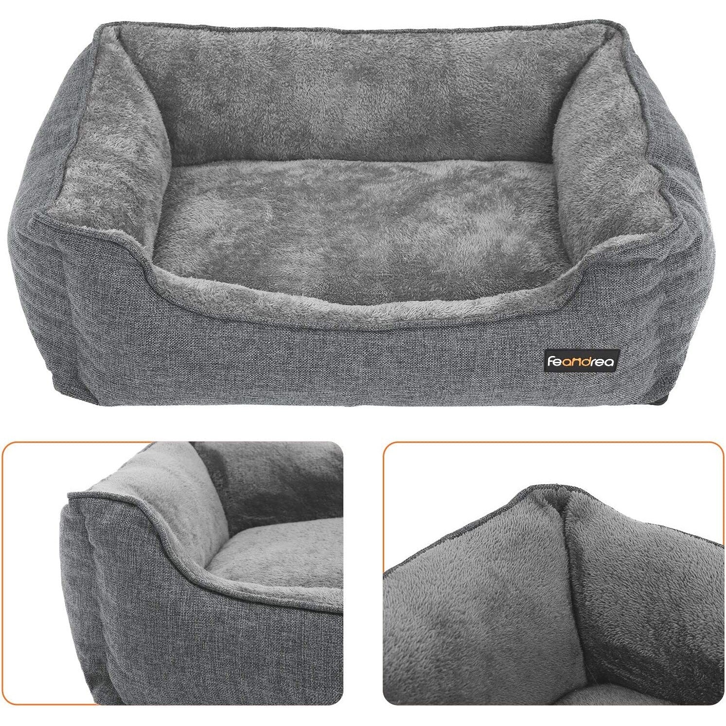 FEANDREA Pat pentru caini, cu margini groase ridicate, antiderapant, husa detasabila, XL, pentru caini mari, 110x75x27cm, gri deschis