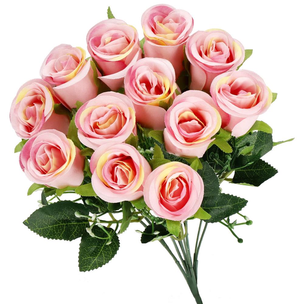 Buchet de flori artificiale din poliester, 12 fire trandafiri, 38cm, roz - 14