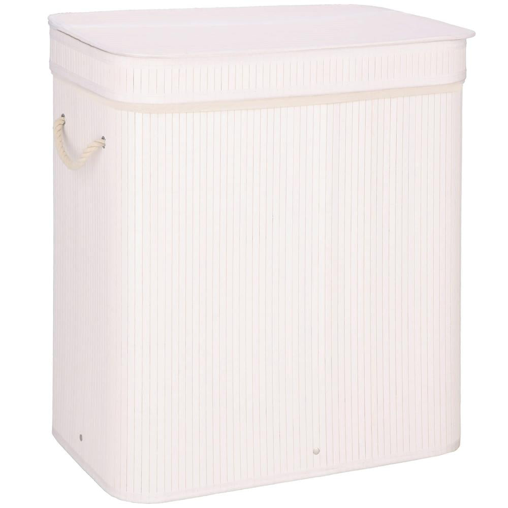 Cos de rufe din bambus cu capac, 2 compartimente, sac detasabil, volum 100L, 54x35x60cm, alb - 15