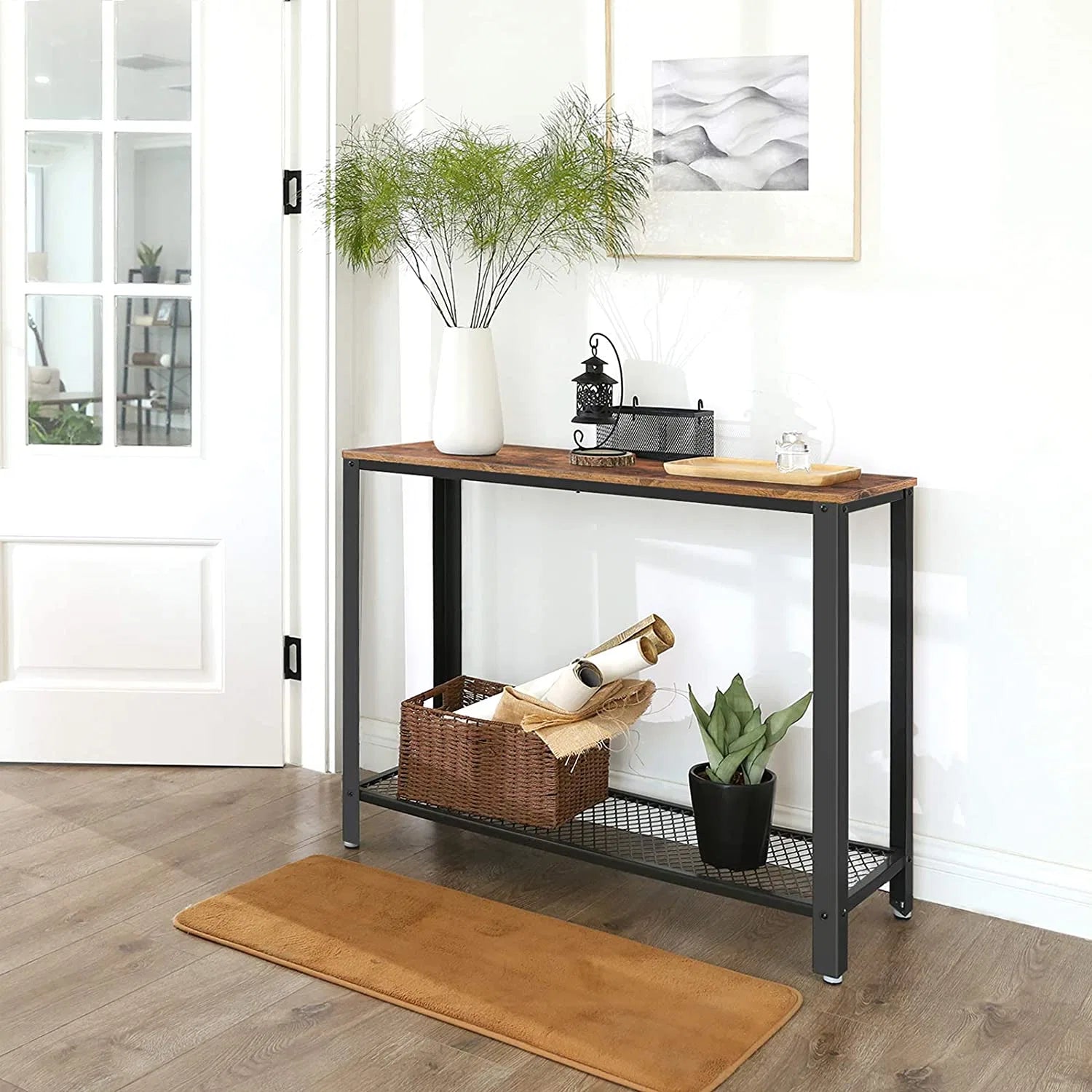 VASAGLE Masa de intrare, cadru metalic cu blat din lemn, industrial, 102x35x80cm, maro rustic si negru