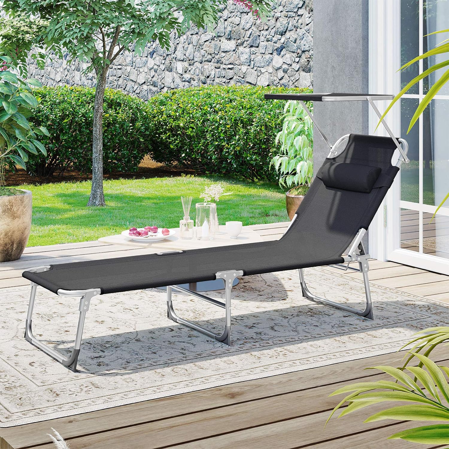 SONGMICS Sezlong pliabil, cu parasolar si tetiera, spatar reglabil in 4 pozitii, maxim 150kg, 193x53x29cm, negru