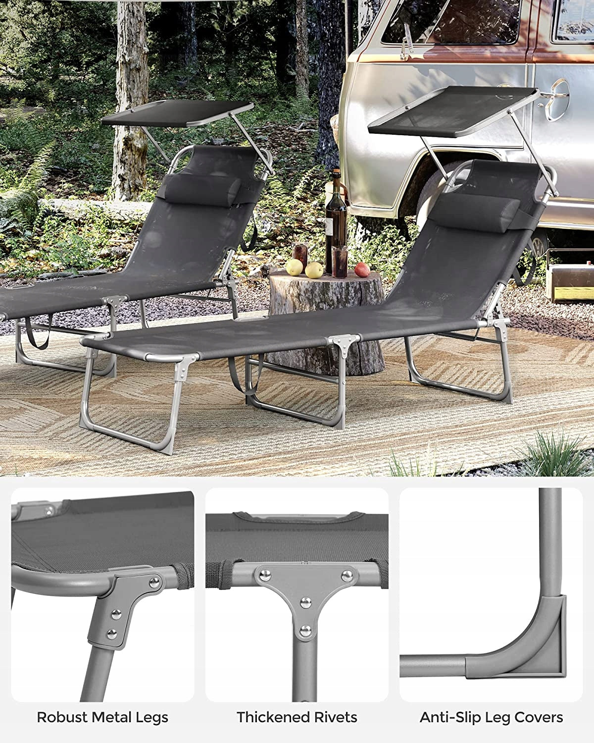SONGMICS Sezlong pliabil, cu parasolar si tetiera, spatar reglabil in 4 pozitii, maxim 150kg, 200x71x38cm, gri
