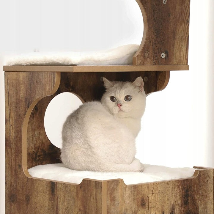 FEANDREA Ansamblu de joaca pentru pisici, tip mobilier, MDF, cu 3 culcusuri si ascunzatoare, 66x40x86cm, maro rustic