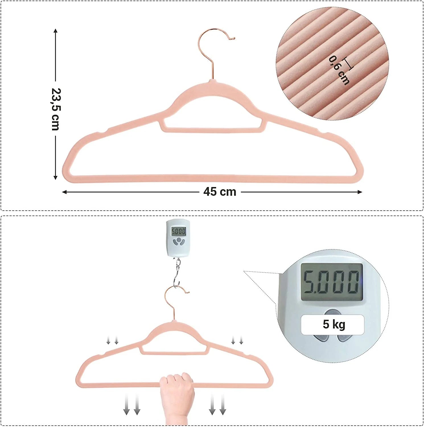 SONGMICS Set de 50 de umerase pentru haine, anti-alunecare cu catifea, bara de cravata si carlig pivotant, 43,5 cm, roz