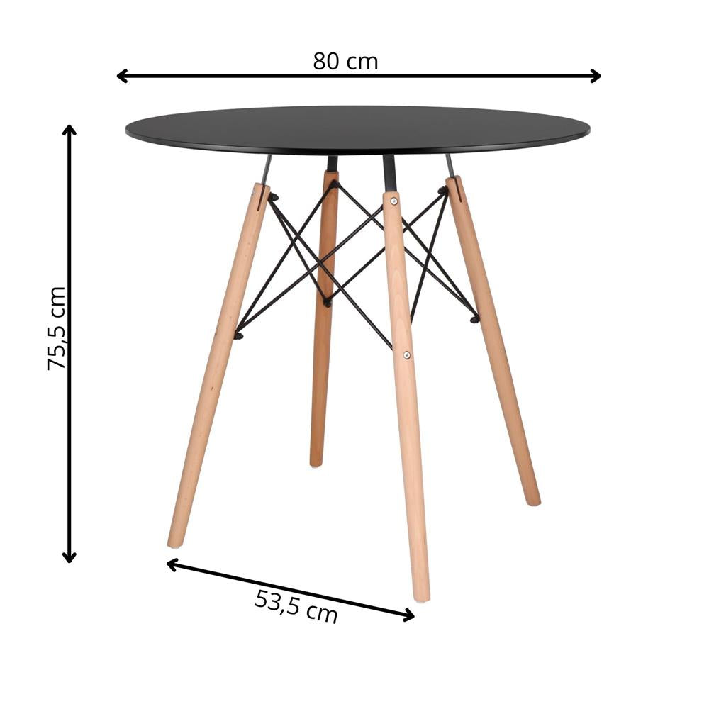 Masa dining bucatarie, rotunda, diametru 80 cm, inaltime 75 cm, Blat MDF, Picioare lemn, Negru