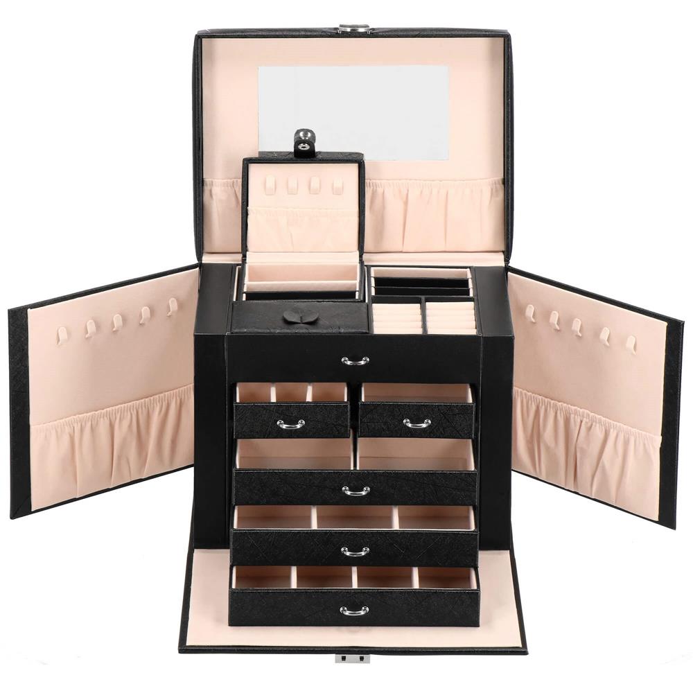 Cutie depozitare si organizare bijuterii, piele ecologica + velur, 26 x 21,5 x 19 cm, negru