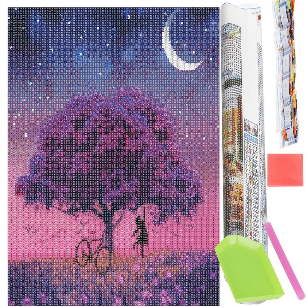 Set de broderie cu diamante 5D, 30x40cm, model Pom inflorit sub luna