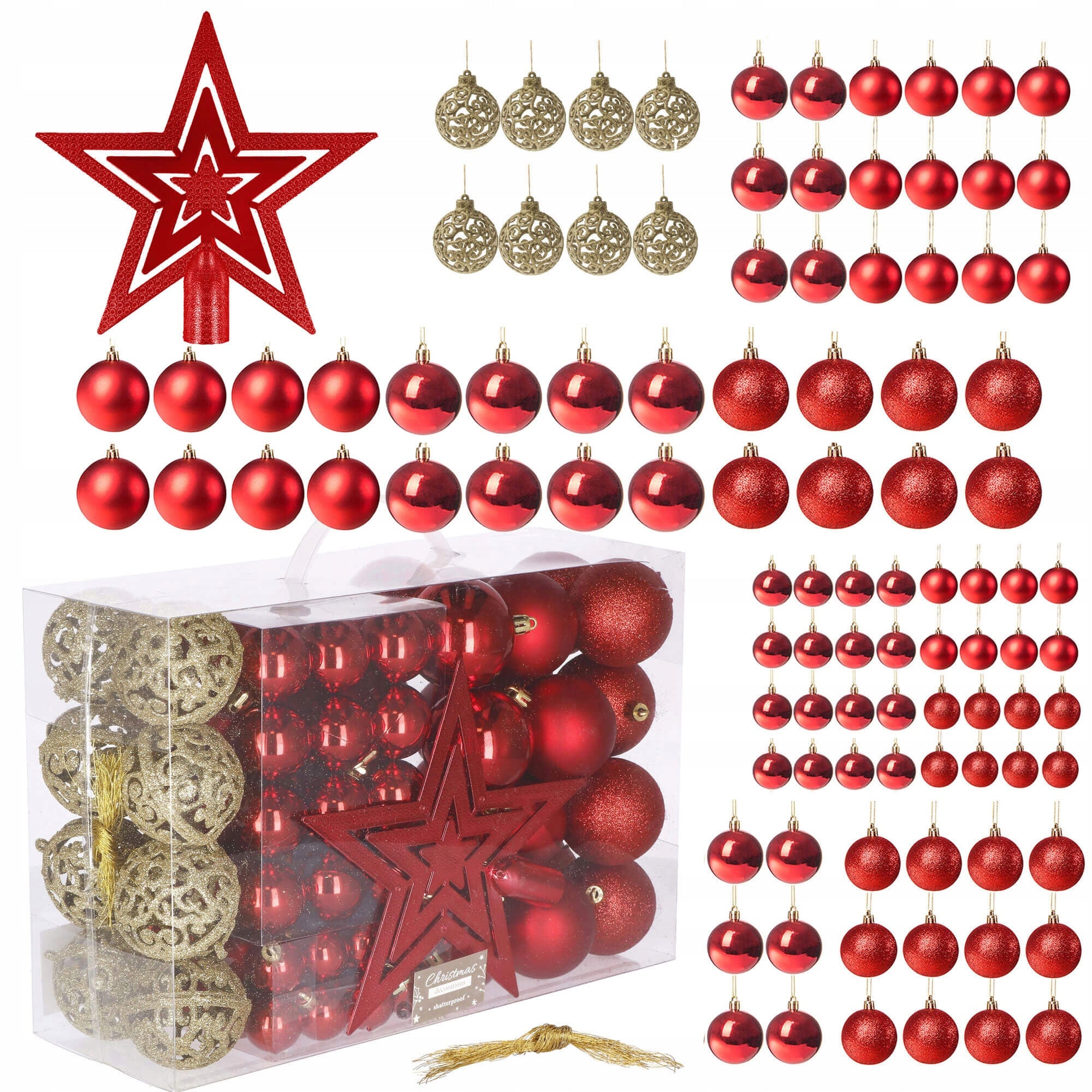 Set globuri de Craciun, 100 bucati, 3-6cm, rosu auriu