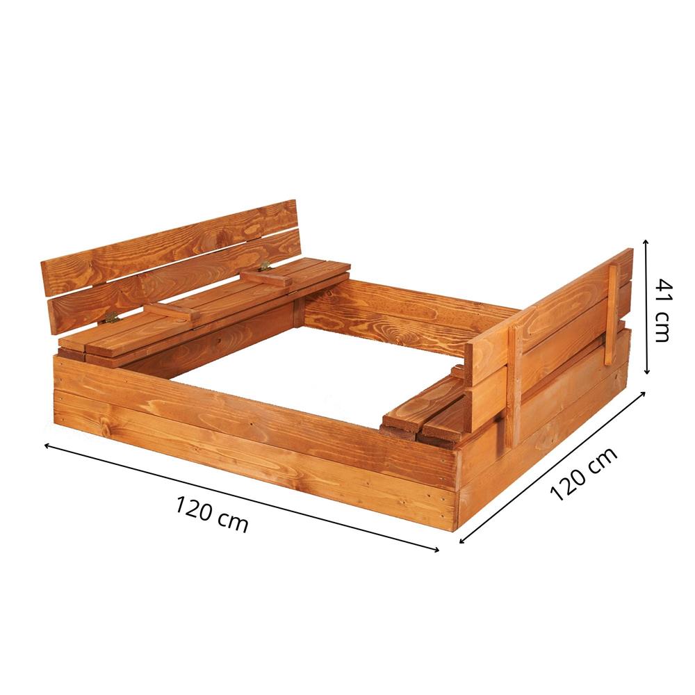 Lada din lemn pentru nisip, cu 2 bancute, 120x120cm