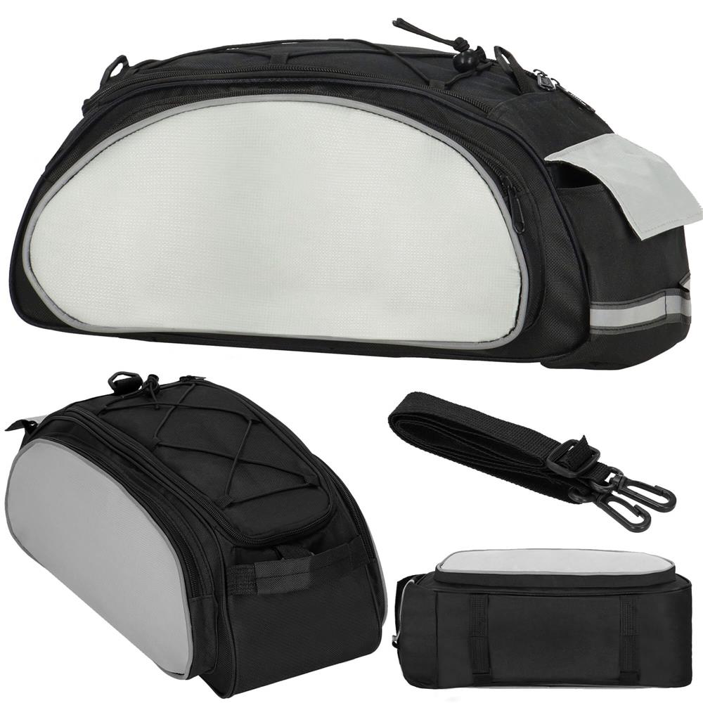 Geanta portbagaj bicicleta, 1 compartiment si 3 buzunare laterale, 40x20x17cm, negru cu elemente reflectorizante gri