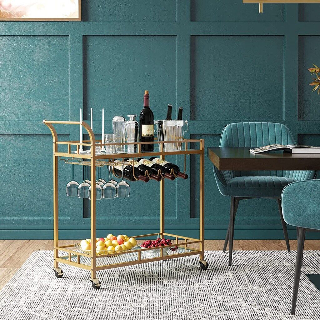 VASAGLE Carucior de servire pentru vin, suport sticle si pahare, cu 2 rafturi din sticla, 38x86x90cm, auriu