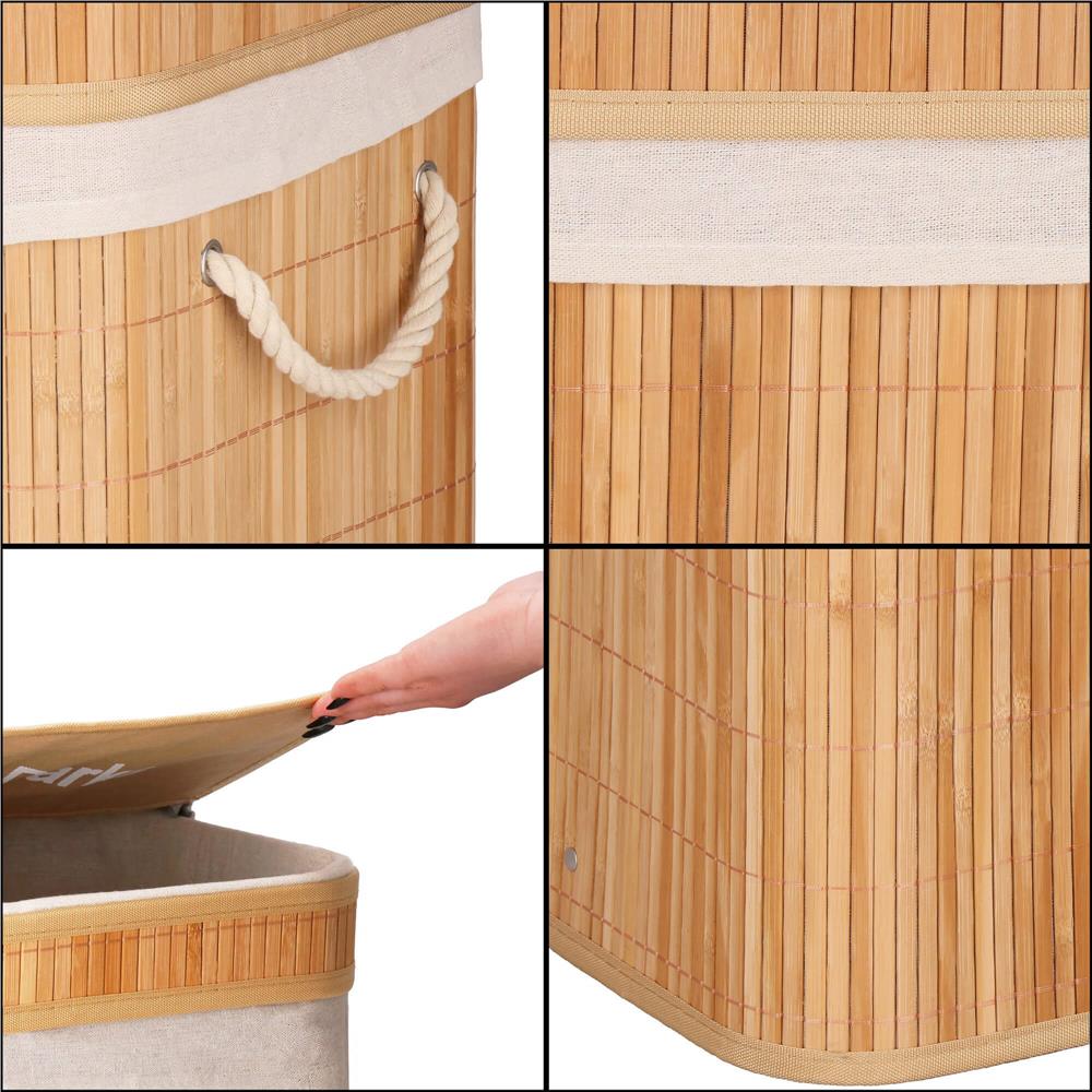Cos de rufe din bambus cu capac, 2 compartimente, sac detasabil, volum 100L, 53x32x62cm, maro