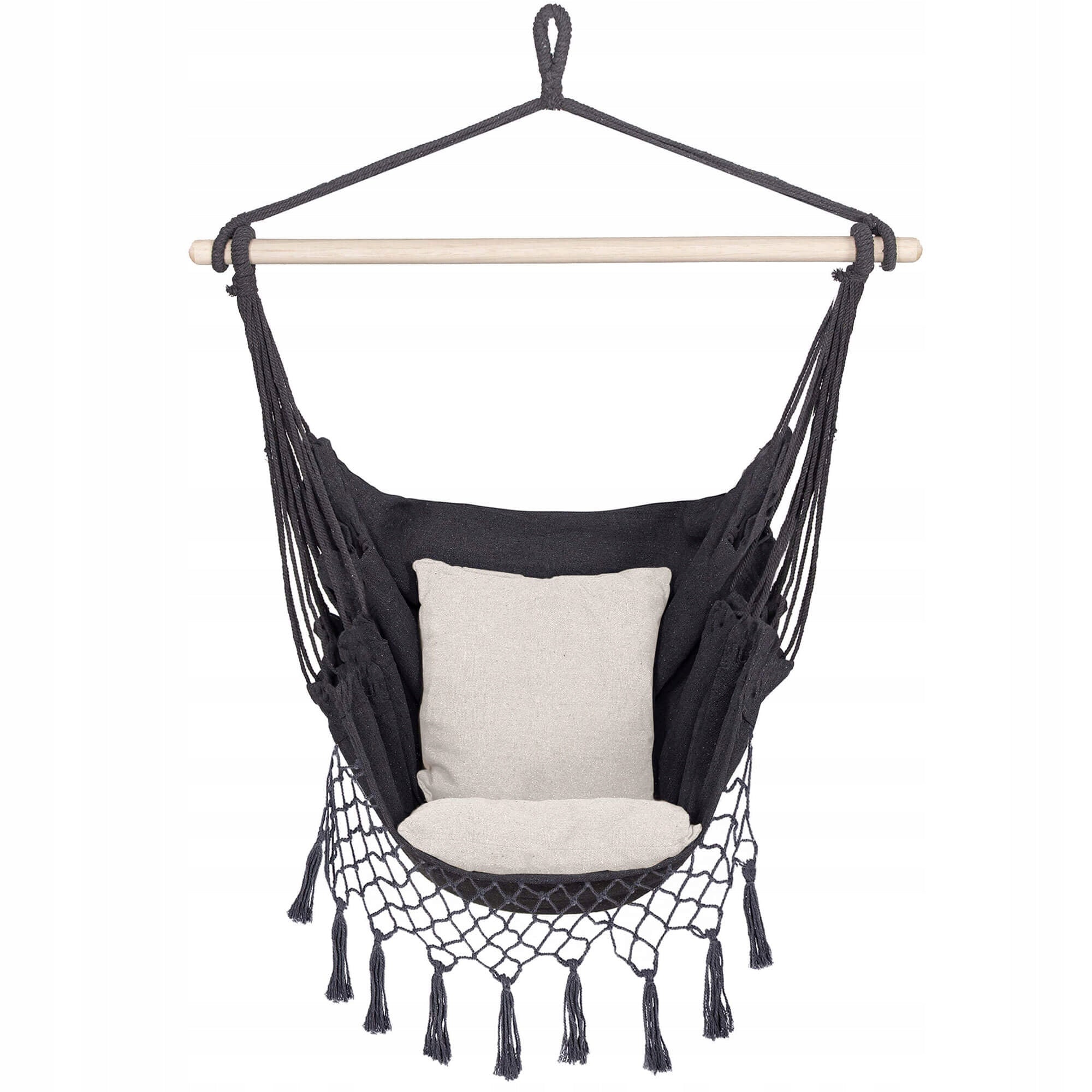 Hamac tip leagan suspendat pentru casa sau gradina HM44, gri inchis cu perne, 130x100cm, 150kg