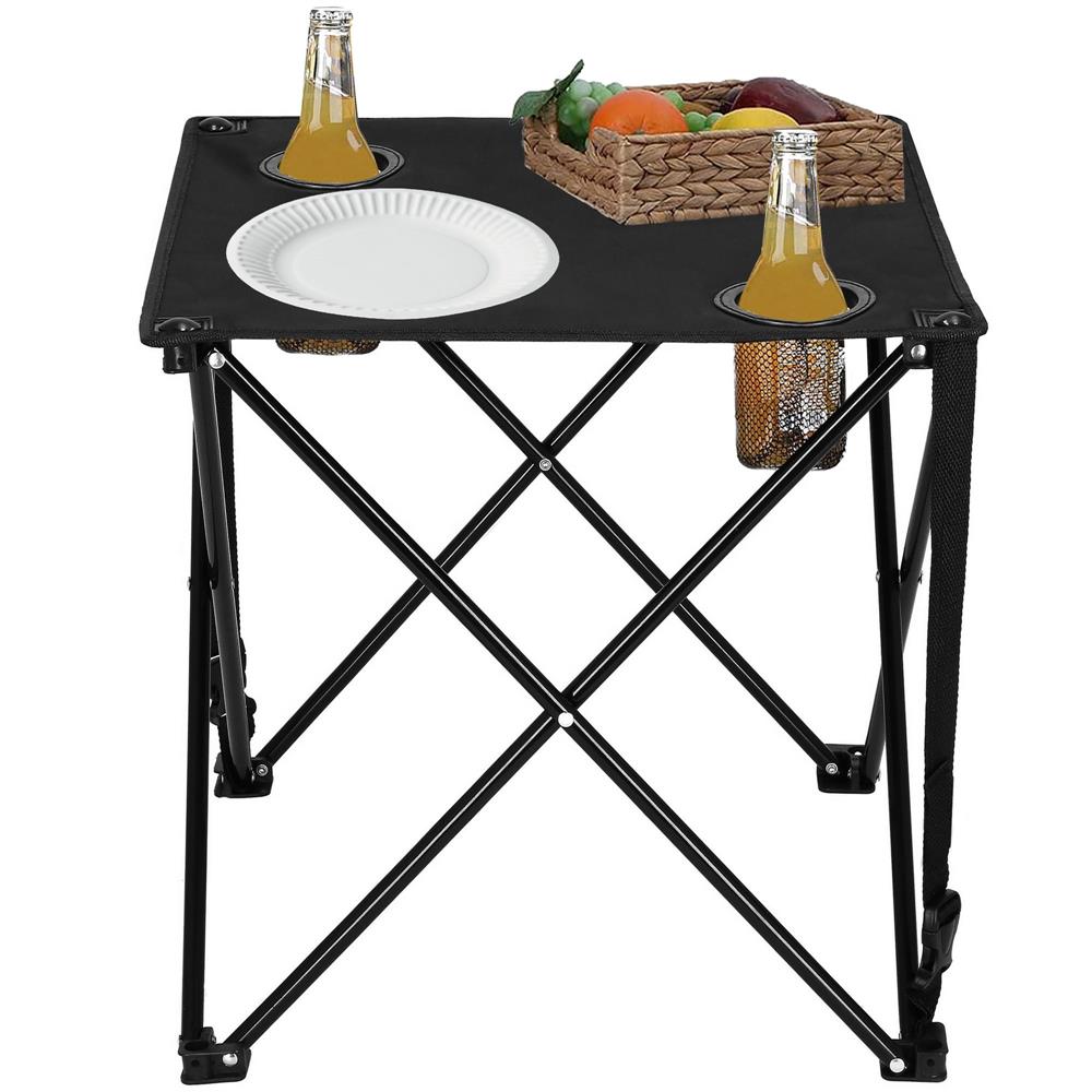 Masa plianta camping sau pescuit, cu 2 suporturi pahar, 46x46x45 cm, negru