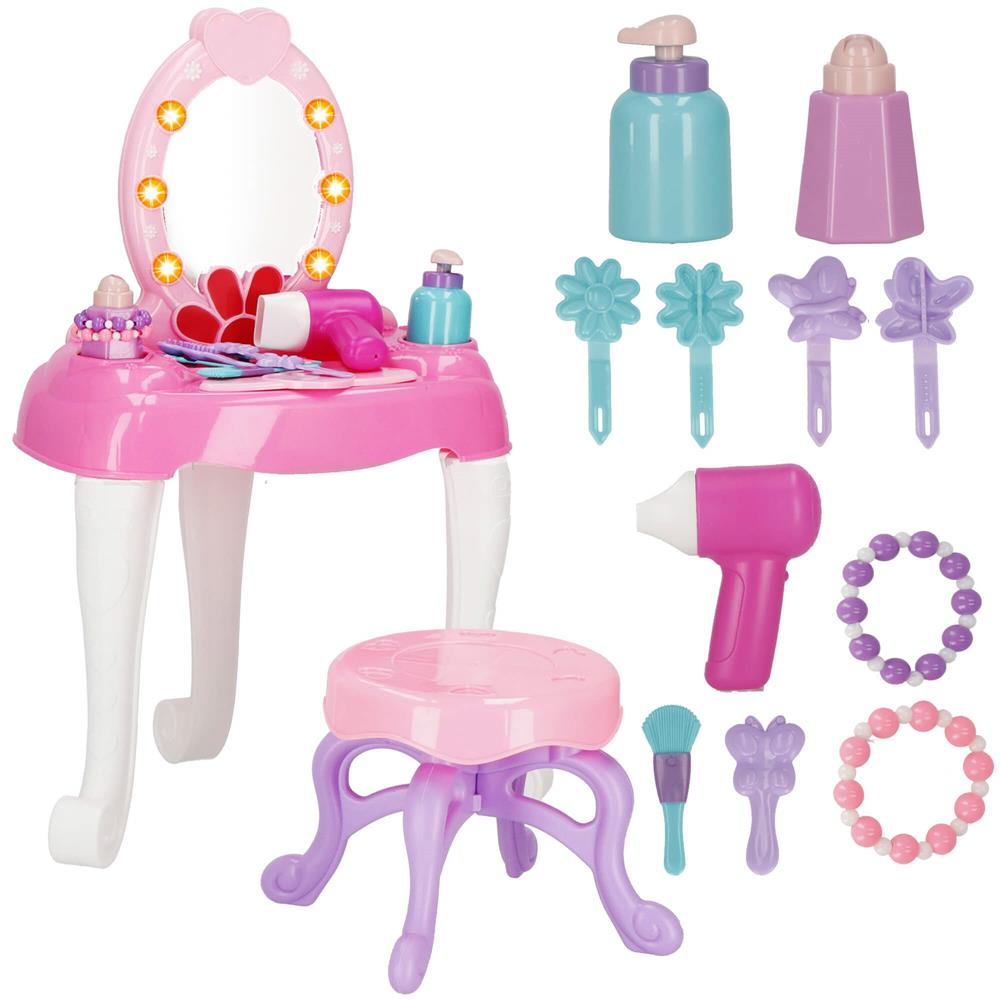 Masa toaleta pentru copii, cu taburet, 19 accesorii joaca, din plastic, 37x20x60 cm, roz