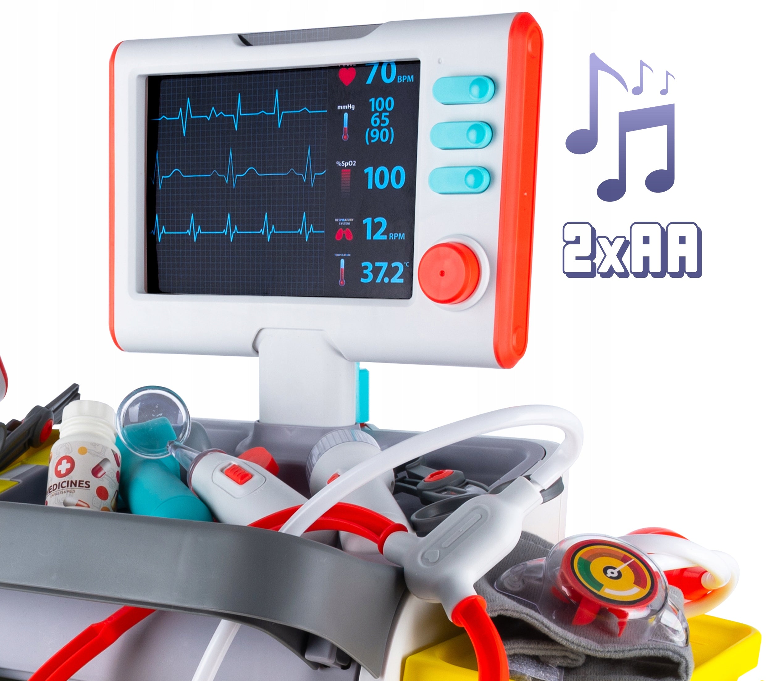 Set de joaca, carucior medical cu aparatura si instrumente, cu sunete si lumini