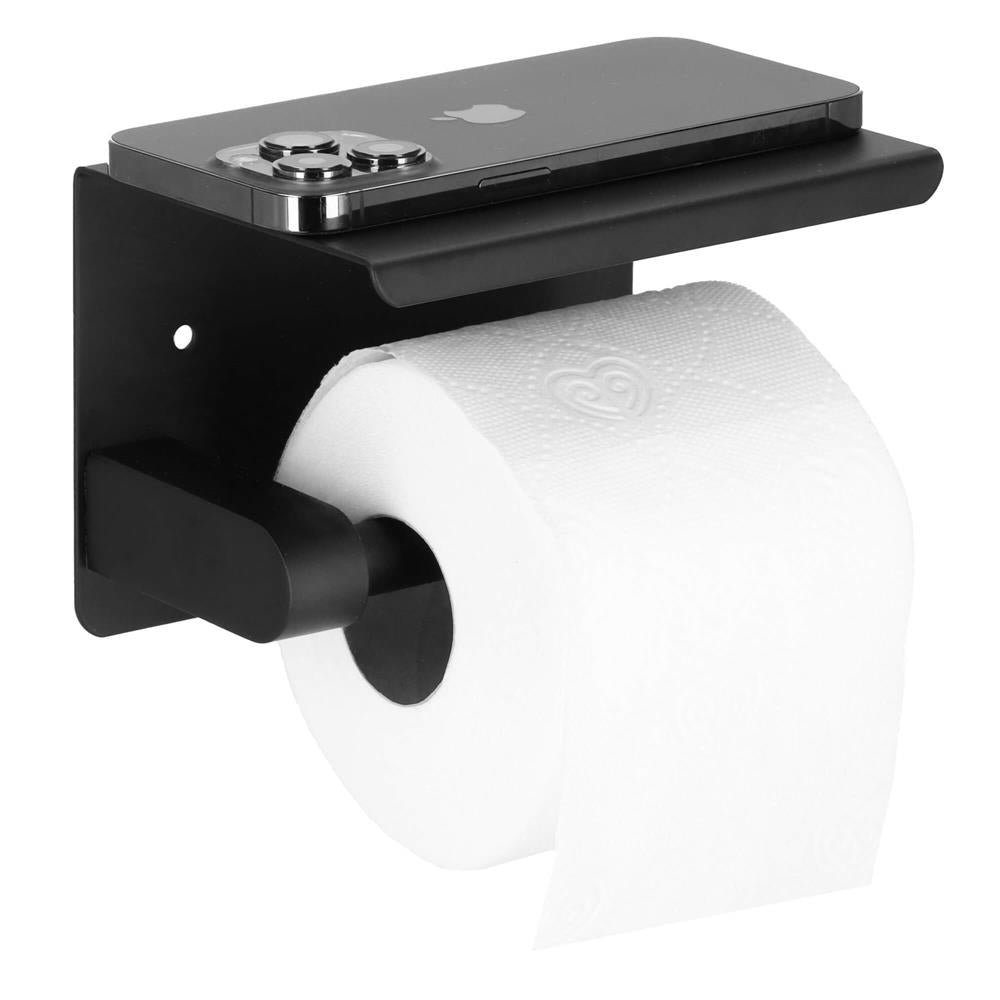 Suport hartie igienica din otel cu raft depozitare, prindere fara gaurire, 14cm, negru