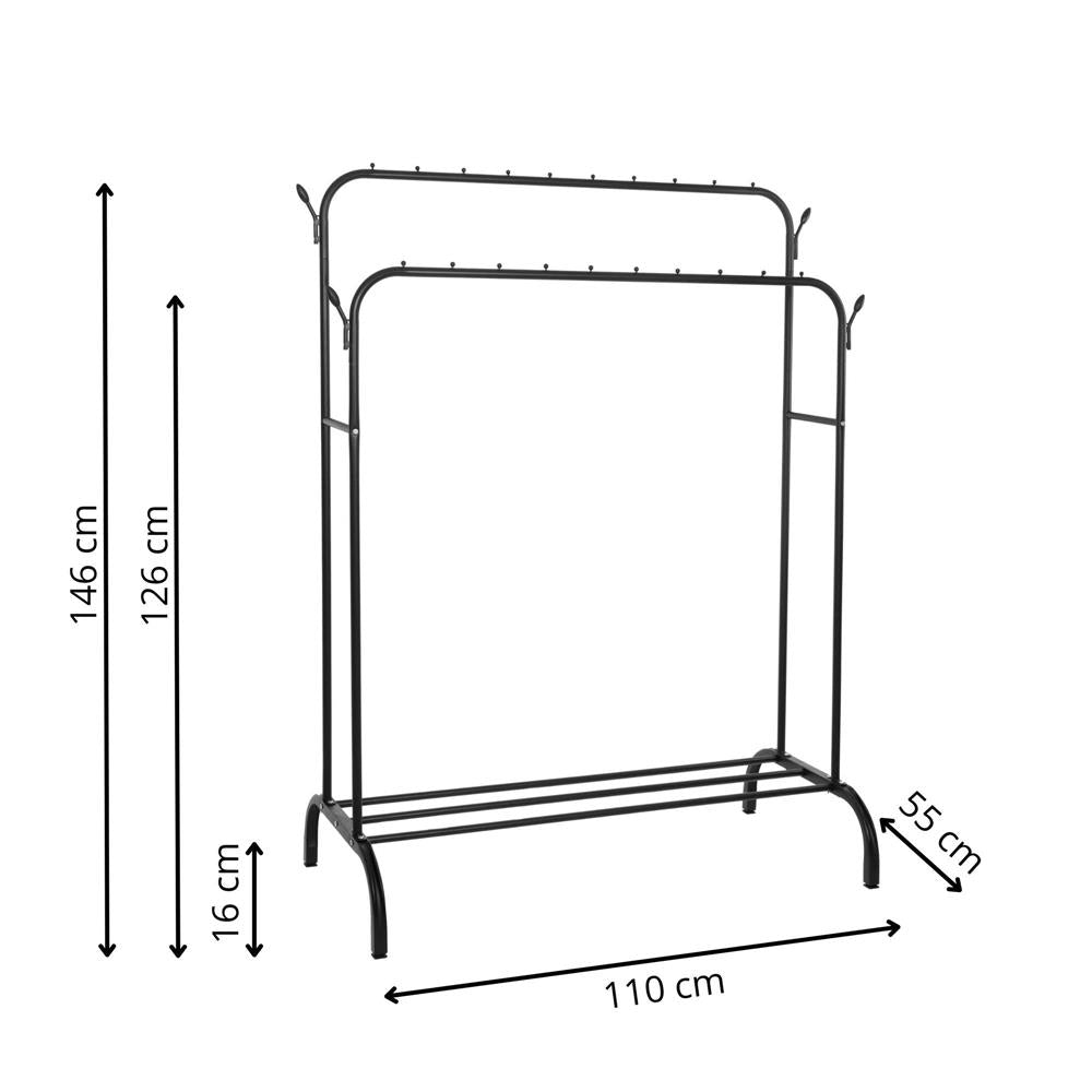 Suport pentru haine cu cadru metalic, cu sina dubla de agatat si carlige cuier, 55x110x146cm, negru