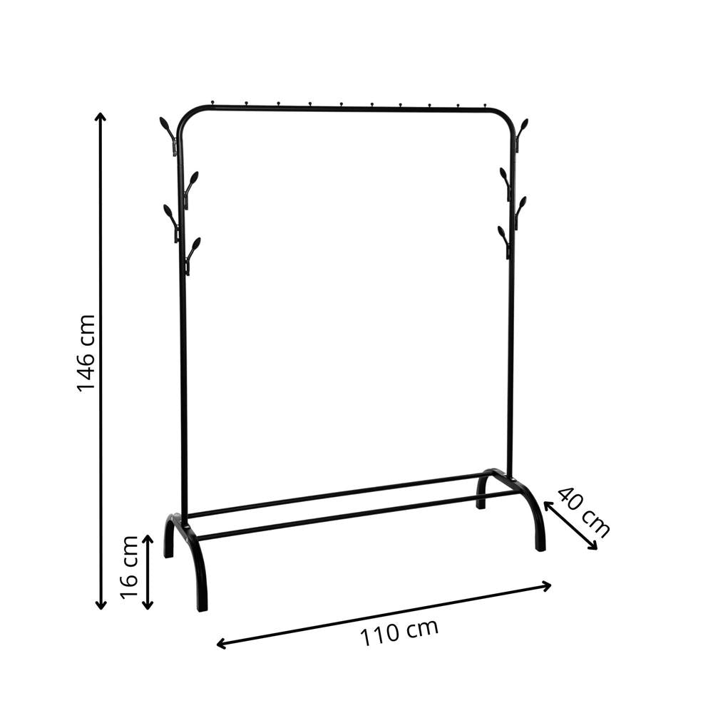 Suport pentru haine cu cadru metalic, cu sina de agatat si carlige cuier, 40x110x146cm, negru