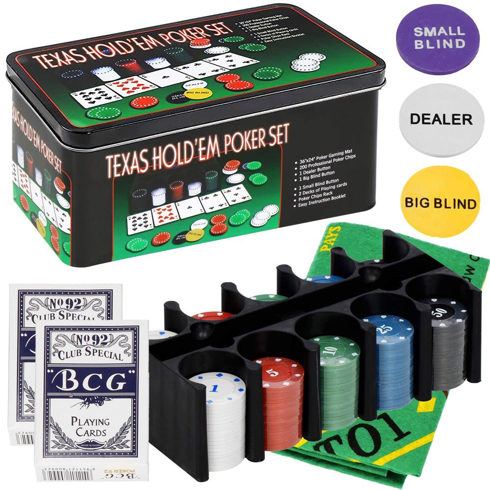 Set de Poker Complex cu 200 de jetoane, covoras verde, 2 seturi de carti, in cutie metalica