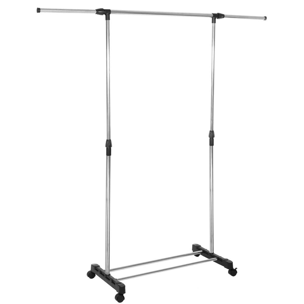 Suport pentru haine pe roti, reglabil pe inaltime si latime, din aluminiu cromat, 160x45x150cm, argintiu