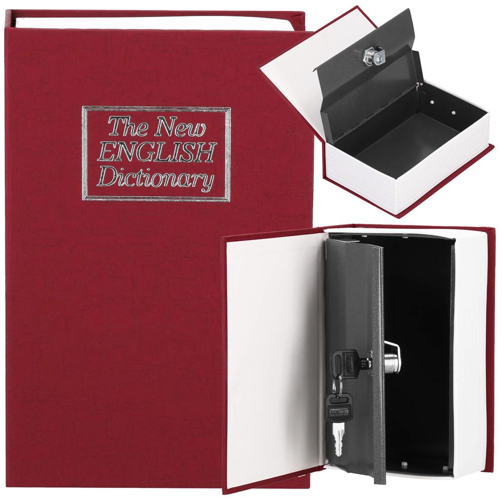 Caseta de valori, cutie metalica cu cheie, portabila, tip carte, Dictionar, burgundy, 26.5x20x6.5 cm