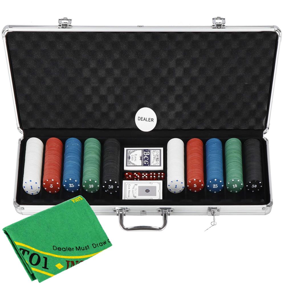 Set de Poker Complex cu 500 de jetoane, covoras verde, 2 seturi de carti, 5 zaruri, in servieta aluminiu