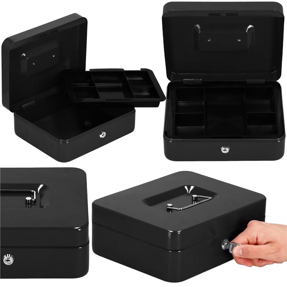Caseta pentru bani tip cutie de valori, compartimentanta, cu cheie, metal, 30x24x9cm, negru