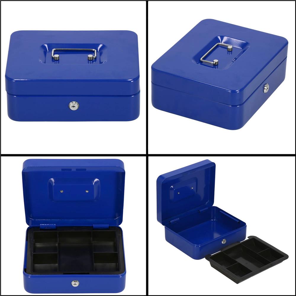 Caseta pentru bani tip cutie de valori, compartimentanta, cu cheie, metal, 25x20x9cm, albastru