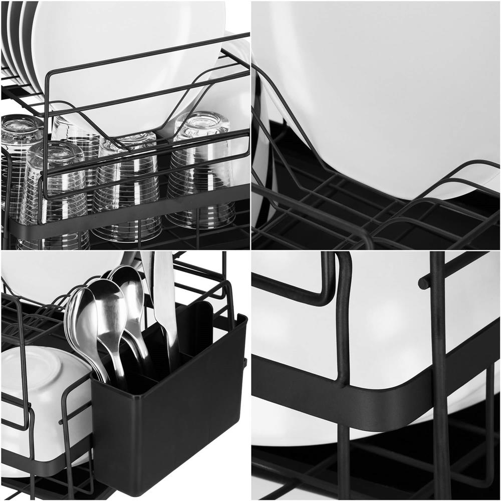 Uscator de vase cu suport tacamuri, din otel, pe 2 nivele, cu tava de scurgere, 50x30x24cm, negru