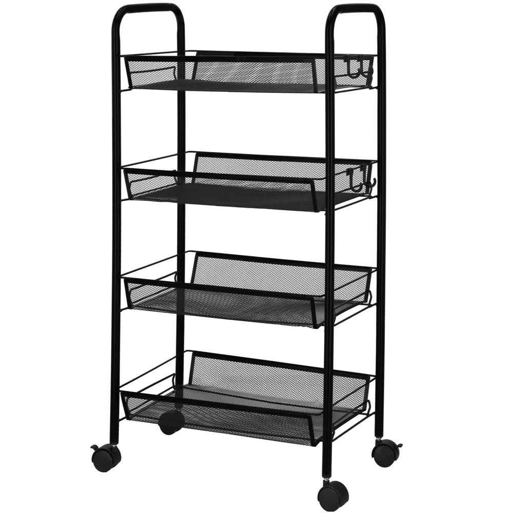Raft metalic mobil tip carucior pentru bucatarie, 4 polite si 4 agatatori, negru, 44x26x85cm