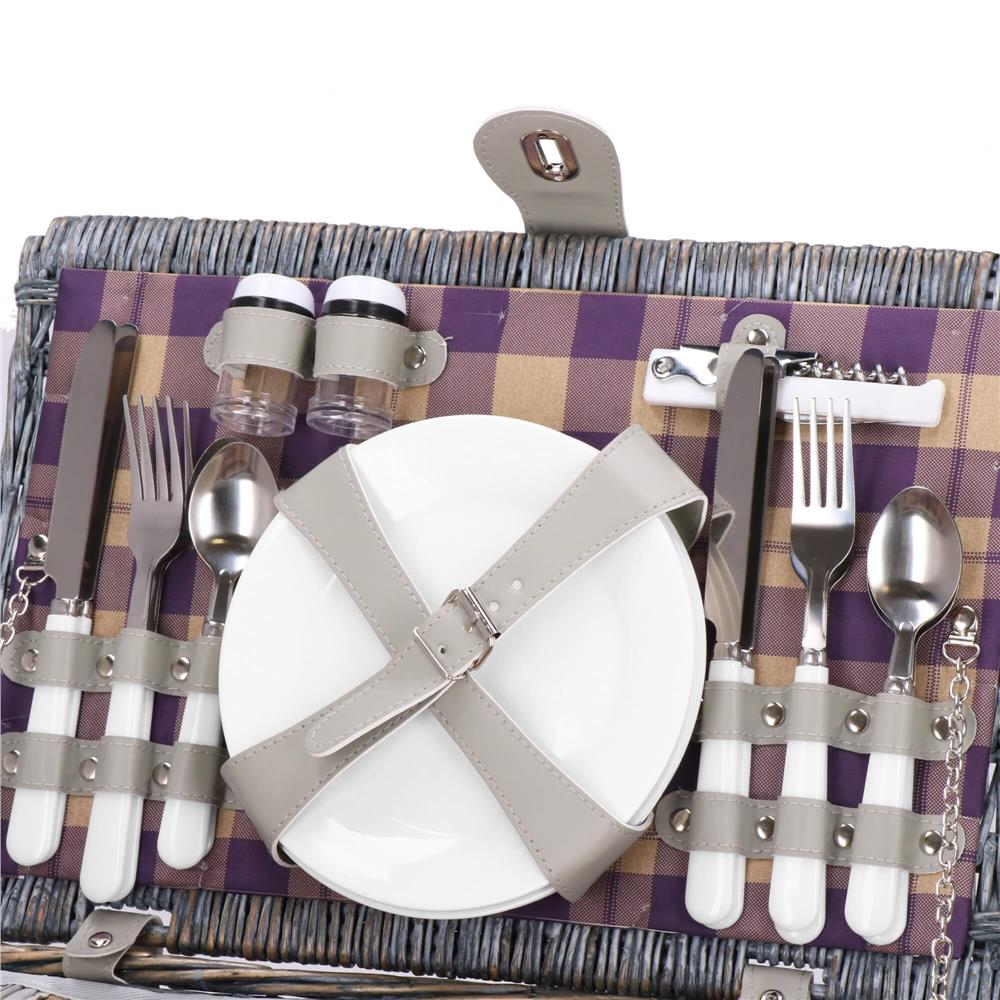Cos de picnic echipat pentru 4 persoane Deluxe, din rachita, cu vesela si tacamuri, izolat termic, gri
