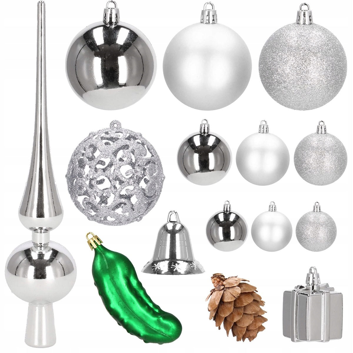 Set globuri si decoratiuni de Craciun, 102 piese, diverse dimensiuni, argintiu