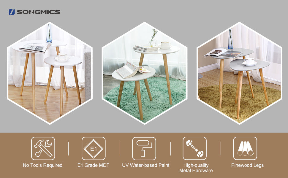 VASAGLE Masa de cafea, set de 2 bucati, picioare din lemn si blat MDF, design minimalist scandinav, 45x50cm si 35x35cm, alb
