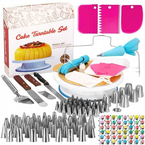Set patiserie cu platou rotativ, 124 piese cu sabloane pentru ornarea prajiturilor