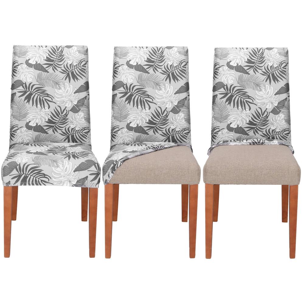 Set 4 huse universale pentru scaun, marime universala, poliester si spandex, 38x70cm, gri cu model floral