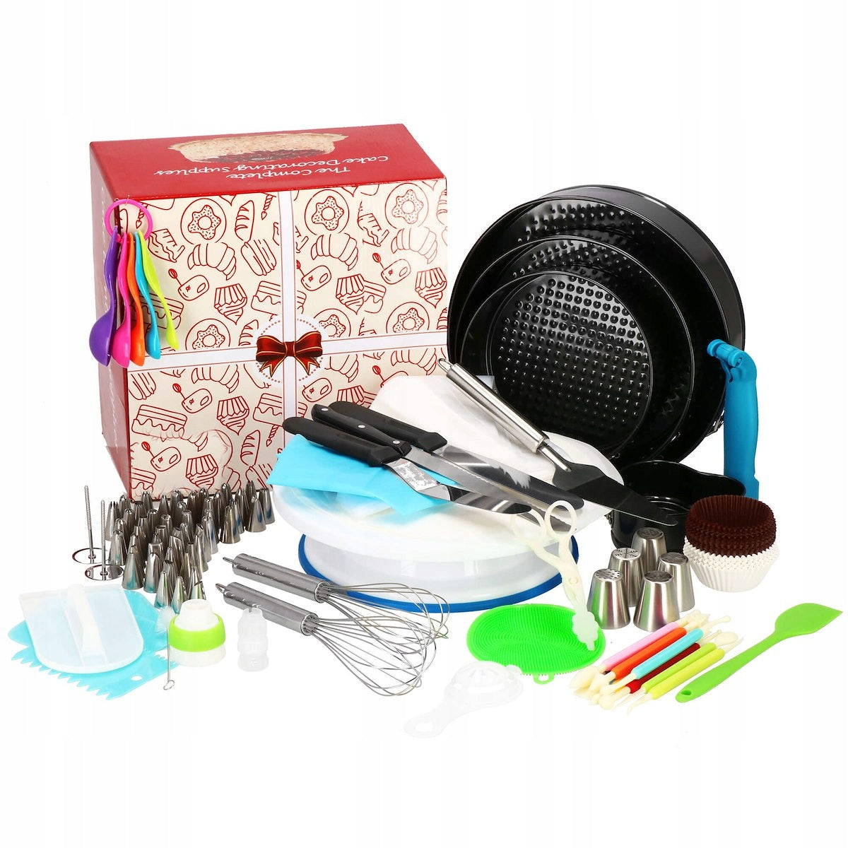Set patiserie cu platou rotativ si 4 tavi de copt, 345 piese cu sabloane pentru ornarea prajiturilor