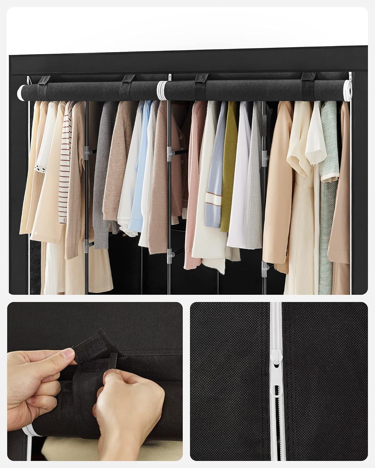 SONGMICS Garderoba din material textil, dulap portabil, cu rafturi si sina de agatat, 170x45x167cm, negru